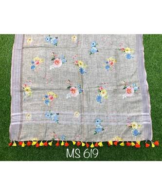 multicolor Handwoven Digitally floral Printed Linen Dupatta with tassels 1