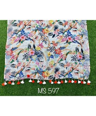 multicolor Handwoven Digitally floral Printed Linen Dupatta with tassels 1