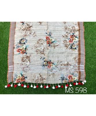 multicolor Handwoven Digitally floral Printed Linen Dupatta with tassels 1