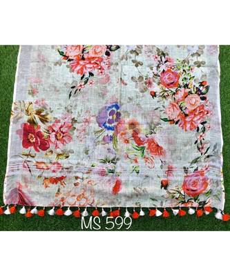 multicolor Handwoven Digitally floral Printed Linen Dupatta with tassels 1