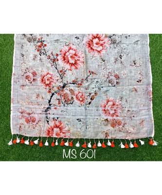 multicolor Handwoven Digitally floral Printed Linen Dupatta with tassels 1
