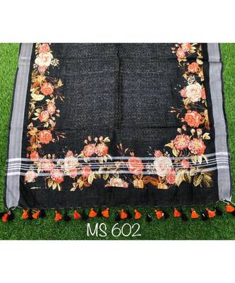 multicolor Handwoven Digitally floral Printed Linen Dupatta with tassels 1