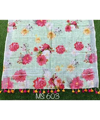 multicolor Handwoven Digitally floral Printed Linen Dupatta with tassels 1