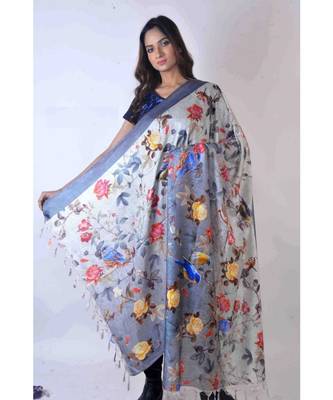 multicolor Handwoven Digitally floral Printed Linen Dupatta with tassels 1