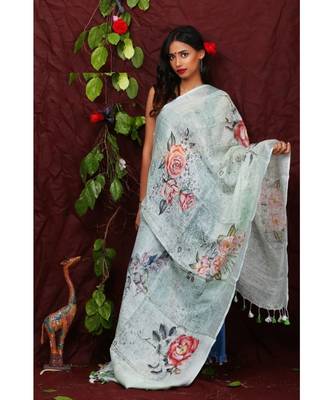 multicolor Handwoven Digitally floral Printed Linen Dupatta with tassels 1