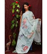multicolor Handwoven Digitally floral Printed Linen Dupatta with tassels