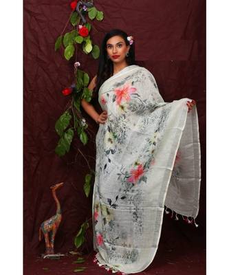 multicolor Handwoven Digitally floral Printed Linen Dupatta with tassels 1