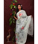 multicolor Handwoven Digitally floral Printed Linen Dupatta with tassels