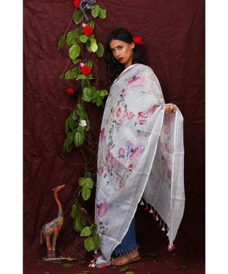 multicolor Handwoven Digitally floral Printed Linen Dupatta with tassels 1