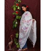 multicolor Handwoven Digitally floral Printed Linen Dupatta with tassels