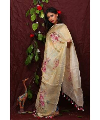 multicolor Handwoven Digitally floral Printed Linen Dupatta with tassels 1