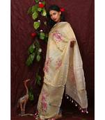 multicolor Handwoven Digitally floral Printed Linen Dupatta with tassels