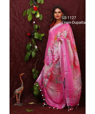 multicolor Handwoven Digitally floral Printed Linen Dupatta with tassels 1