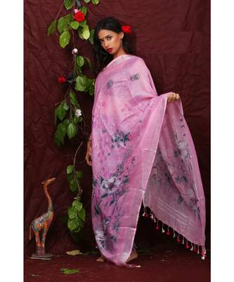 multicolor Handwoven Digitally floral Printed Linen Dupatta with tassels 1