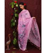 multicolor Handwoven Digitally floral Printed Linen Dupatta with tassels