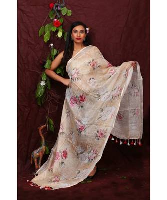 multicolor Handwoven Digitally floral Printed Linen Dupatta with tassels 1