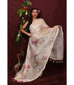 multicolor Handwoven Digitally floral Printed Linen Dupatta with tassels