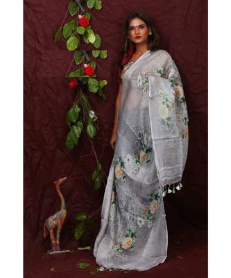 multicolor Handwoven Digitally floral Printed Linen Dupatta with tassels 1