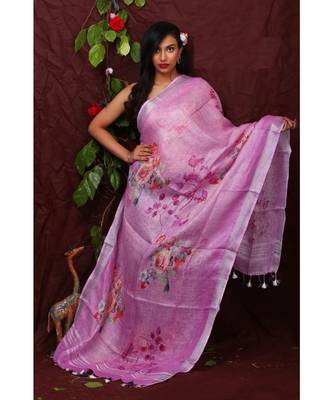 multicolor Handwoven Digitally floral Printed Linen Dupatta with tassels 1