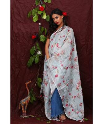 multicolor Handwoven Digitally floral Printed Linen Dupatta with tassels 1