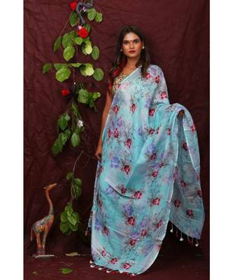 multicolor Handwoven Digitally floral Printed Linen Dupatta with tassels 1