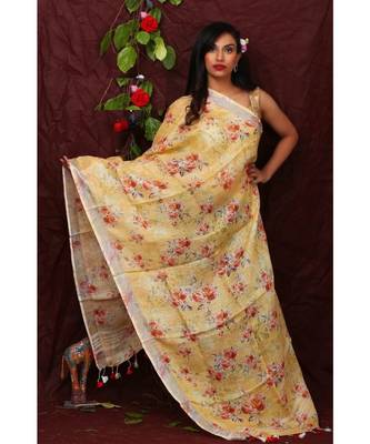 multicolor Handwoven Digitally floral Printed Linen Dupatta with tassels 1