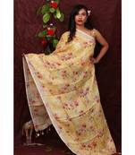 multicolor Handwoven Digitally floral Printed Linen Dupatta with tassels