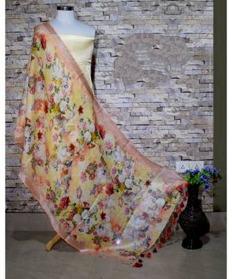 multicolor Handwoven Digitally floral Printed Linen Dupatta with tassels 1