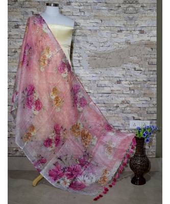 multicolor Handwoven Digitally floral Printed Linen Dupatta with tassels 1