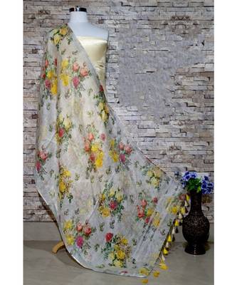 multicolor Handwoven Digitally floral Printed Linen Dupatta with tassels 1