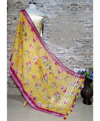 multicolor Handwoven Digitally floral Printed Linen Dupatta with tassels 1