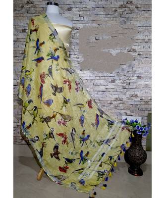 multicolor Handwoven Digitally floral Printed Linen Dupatta with tassels 1