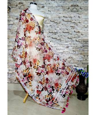 multicolor Handwoven Digitally floral Printed Linen Dupatta with tassels 1