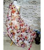 multicolor Handwoven Digitally floral Printed Linen Dupatta with tassels