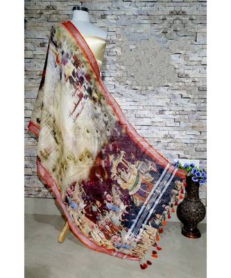 multicolor Handwoven Digitally floral Printed Linen Dupatta with tassels 1