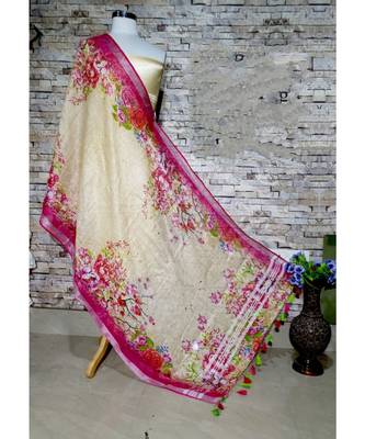 multicolor Handwoven Digitally floral Printed Linen Dupatta with tassels 1