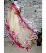 multicolor Handwoven Digitally floral Printed Linen Dupatta with tassels