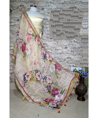 multicolor Handwoven Digitally floral Printed Linen Dupatta with tassels 1