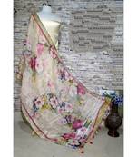 multicolor Handwoven Digitally floral Printed Linen Dupatta with tassels
