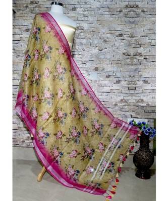 multicolor Handwoven Digitally floral Printed Linen Dupatta with tassels 1