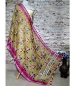 multicolor Handwoven Digitally floral Printed Linen Dupatta with tassels