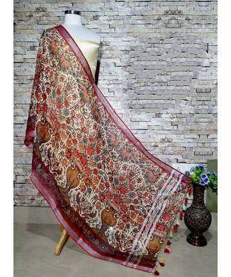 multicolor Handwoven Digitally floral Printed Linen Dupatta with tassels 1