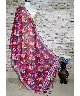 multicolor Handwoven Digitally floral Printed Linen Dupatta with tassels 1