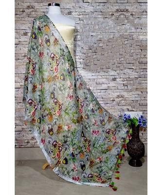 multicolor Handwoven Digitally floral Printed Linen Dupatta with tassels 1