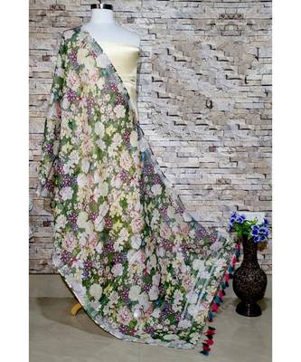 multicolor Handwoven Digitally floral Printed Linen Dupatta with tassels 1