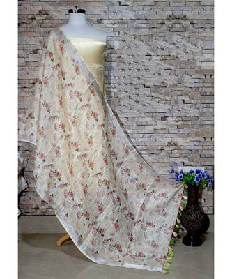 multicolor Handwoven Digitally floral Printed Linen Dupatta with tassels 1