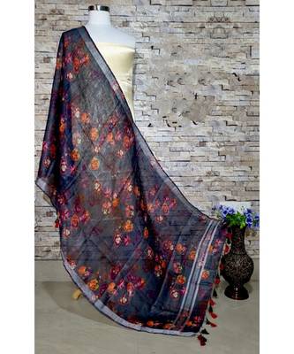 multicolor Handwoven Digitally floral Printed Linen Dupatta with tassels 1