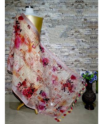 multicolor Handwoven Digitally floral Printed Linen Dupatta with tassels 1