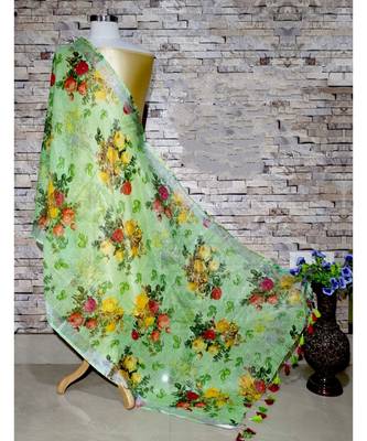multicolor Handwoven Digitally floral Printed Linen Dupatta with tassels 1