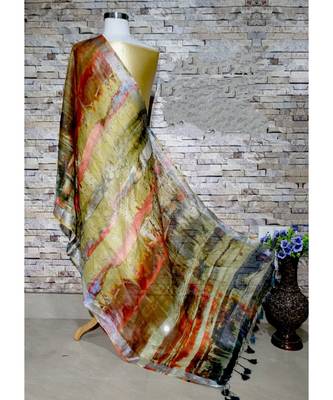 multicolor Handwoven Digitally floral Printed Linen Dupatta with tassels 1